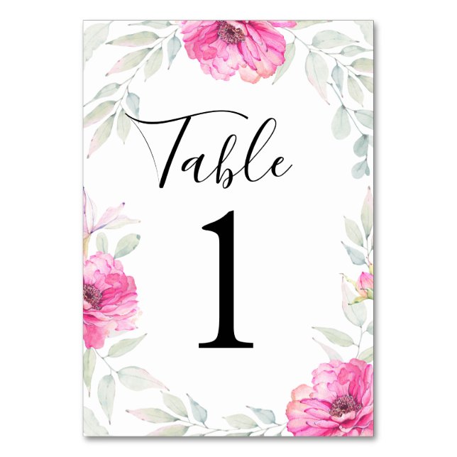Målade akvarellblad och rosa blommor bordsnummer (Framsidan)