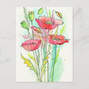 Målade akvarellpoppies vykort