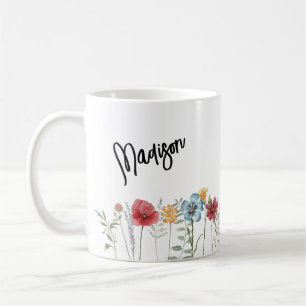Målade akvarellvildblommor med ditt namn kaffemugg