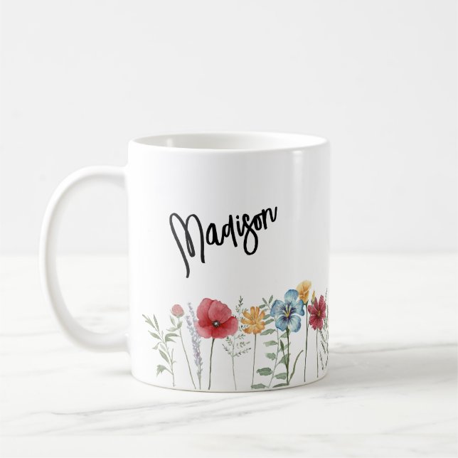 Målade akvarellvildblommor med ditt namn kaffemugg (Vänster)