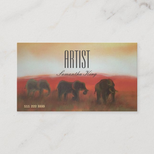 Målade Bild Afrika Animals Sunset Artist Visitkort (Framsida)