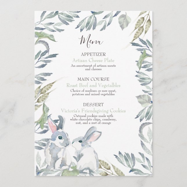 Målade blad och akvarell skogskaniner meny (Framsida)