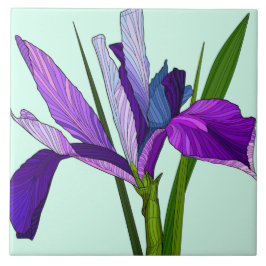 Målade blommor, söt lila iris på mynta kakelplatta