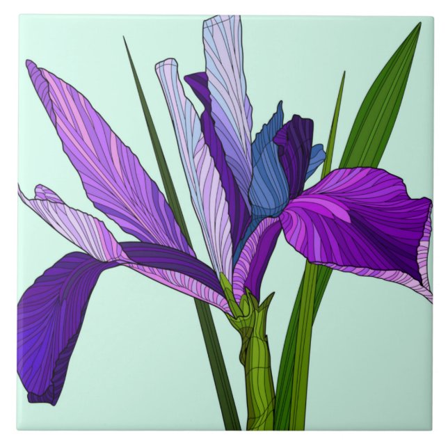 Målade blommor, söt lila iris på mynta kakelplatta (Framsidan)