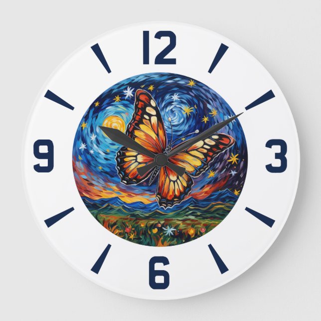 Målade Butterfly Starry Night Himlar Elegant Woman Stor Klocka (Framsida)