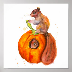 Målade ekorrar med en knumpkin Snack-höst Poster