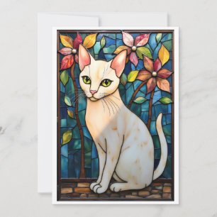 Målade glasstil vit katt med blommor platt kort