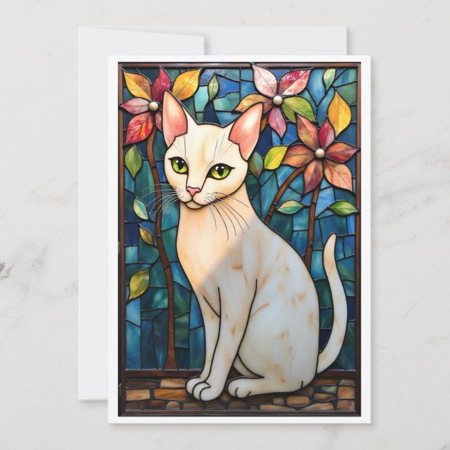 Målade glasstil vit katt med blommor platt kort (Framsida)