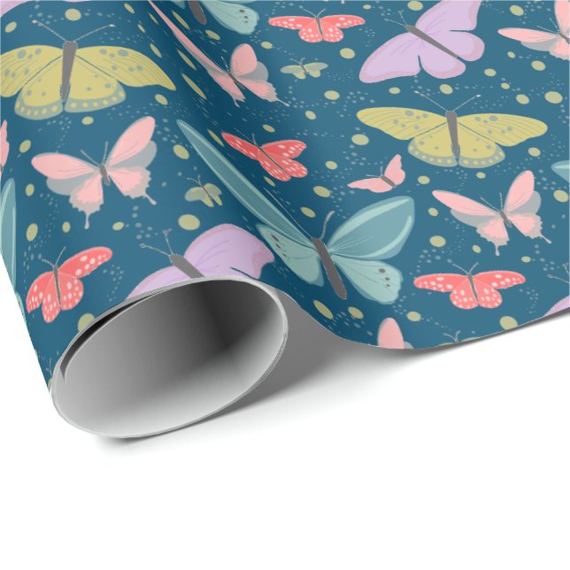 Målade moln av fjärilar mörkblå presentpapper (Rullad Hörn)