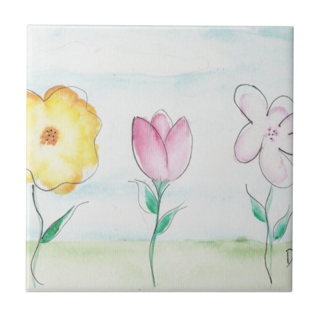 Målade primitiva blommor kakelplatta (Framsidan)