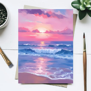 Målade rosa havet Kust vattenfärg Pastell Vykort