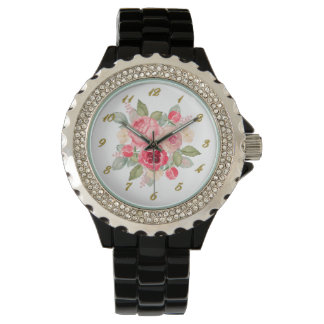 Målade Rosa ros Bouquet Guld Numbers Armbandsur