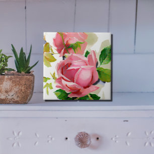 Målade rosa ros i vintagestil kakelplatta