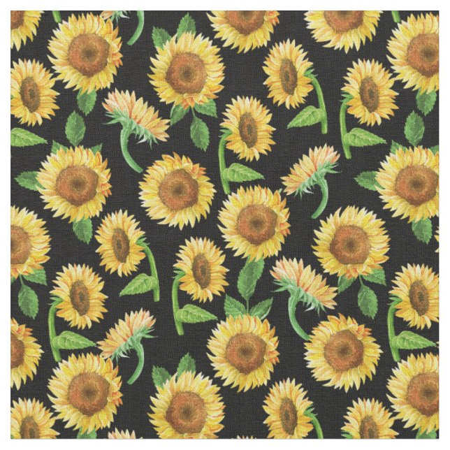 målade solblommor, svart mönster tyg (Närbild)