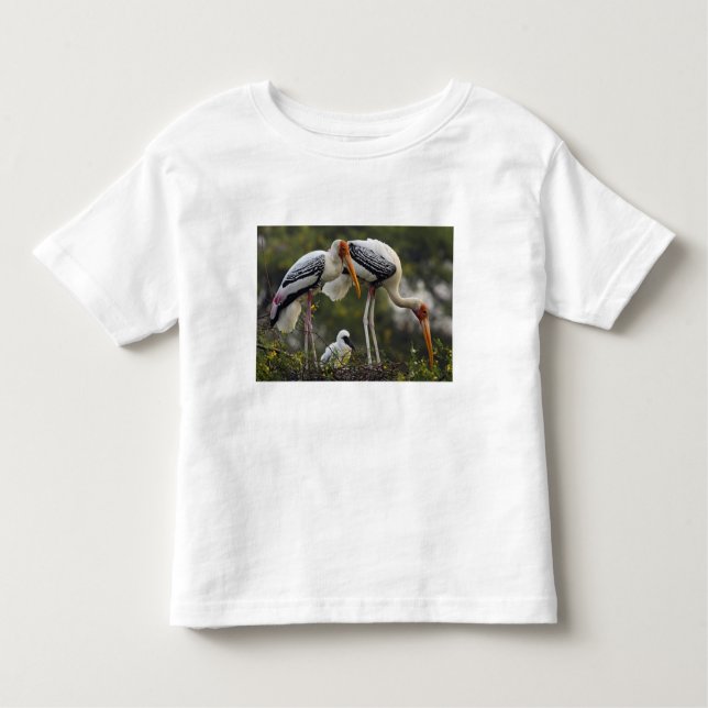 Målade storkar och unga, ett till rede,Keoladeo T-shirt (Framsida)