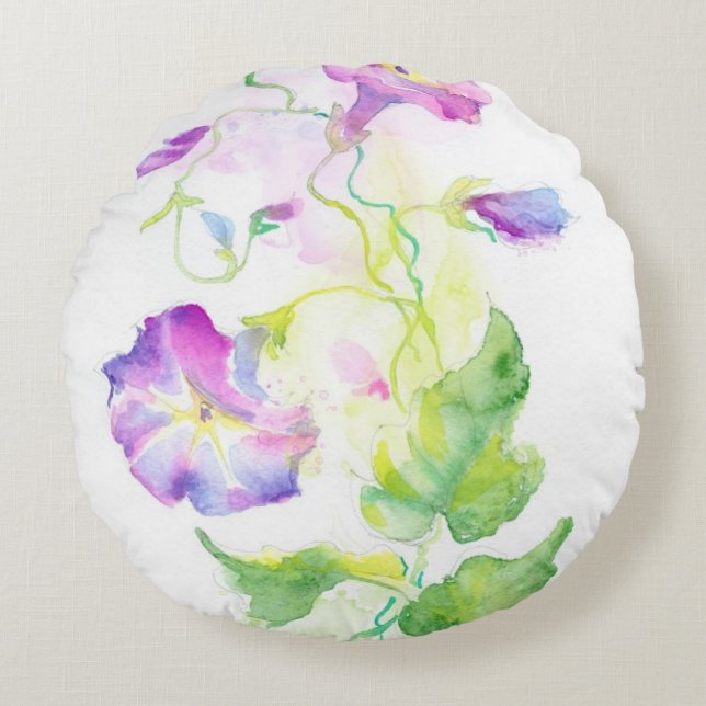 Målade vattenfärgconvolvulusblommor rund kudde (Framsidan)