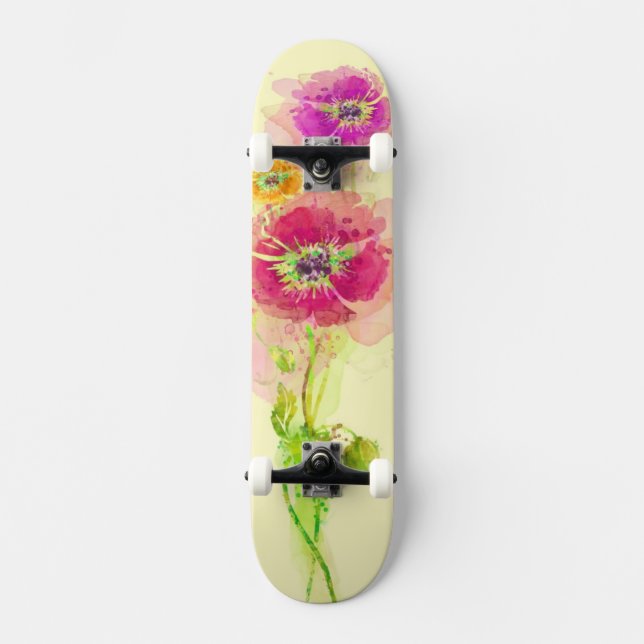 Målade vattenfärgvallmor 2 skateboard bräda 21,5 cm (Framsida)