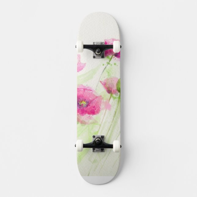 Målade vattenfärgvallmor 3 skateboard bräda 20 cm (Framsida)