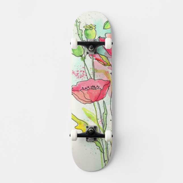 Målade vattenfärgvallmor mini skateboard bräda 18,7 cm (Framsida)