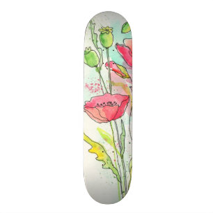 Målade vattenfärgvallmor mini skateboard bräda 18,7 cm