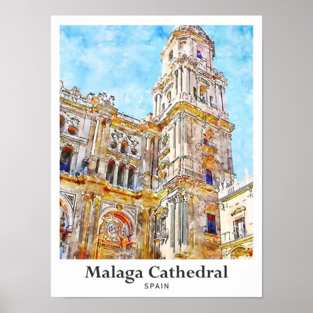 Malaga Cathedral Spain Travel Watercolor Poster (Framsidan)