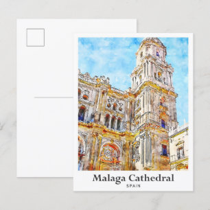 Malaga Cathedral Spain Travel Watercolor Vykort