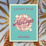 Malaga Spain España Retro Vintage Postcard Vykort<br><div class="desc">Malaga Spain Retro Vintage Design med ett disco boll i rosa,  och aprikostpersikor. Detta vackra vykort är ett hälsningskort för Malagas invånare,  besökare,  turister eller fläkt.</div>