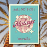 Malaga Spain España Retro Vintage Postcard Vykort<br><div class="desc">Malaga Spain Retro Vintage Design med ett disco boll i rosa,  och aprikostpersikor. Detta vackra vykort är ett hälsningskort för Malagas invånare,  besökare,  turister eller fläkt.</div>