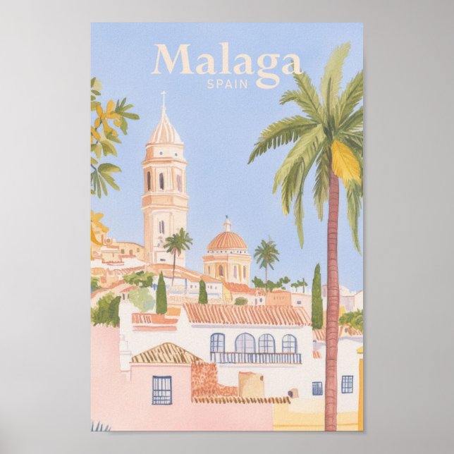 Malaga Spain Gouache Paint Illustration Travel Poster (Framsidan)