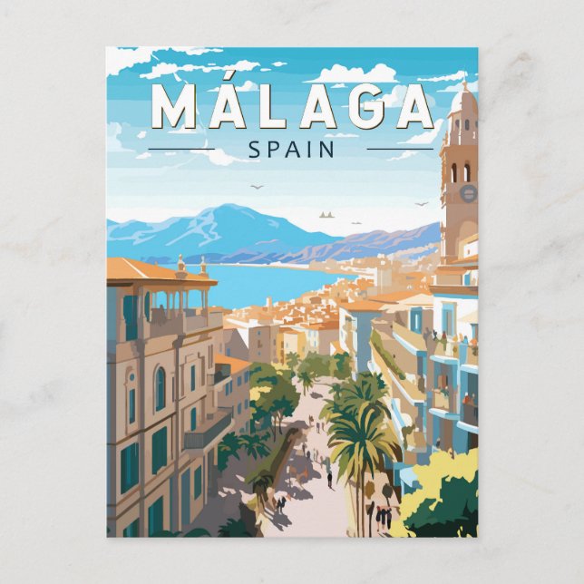Malaga Spain Travel Art Vintage Vykort (Framsida)