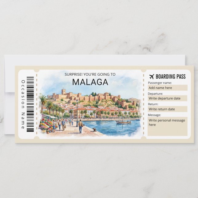 Malaga Spain Trip Boarding Pass Ticket Inbjudningar (Framsida)