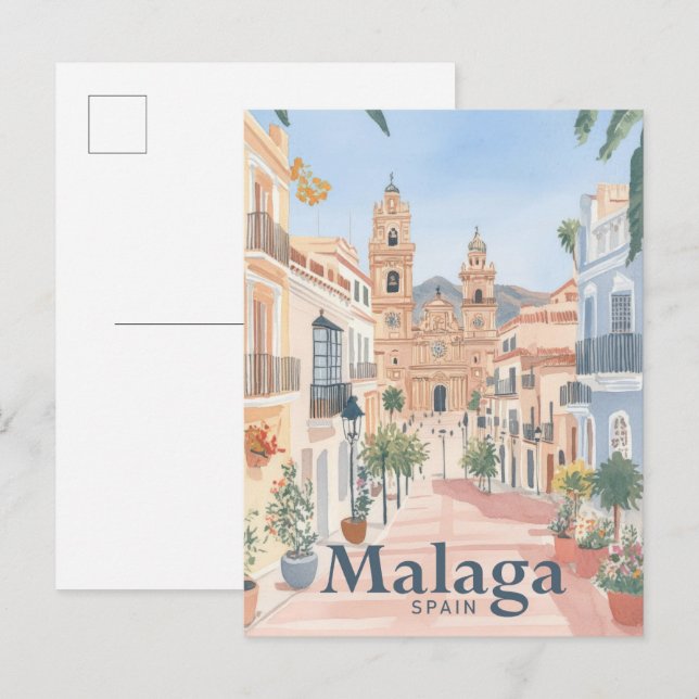 Malaga Spain Watercolor Painting Travel Vykort (Fram/baksida)