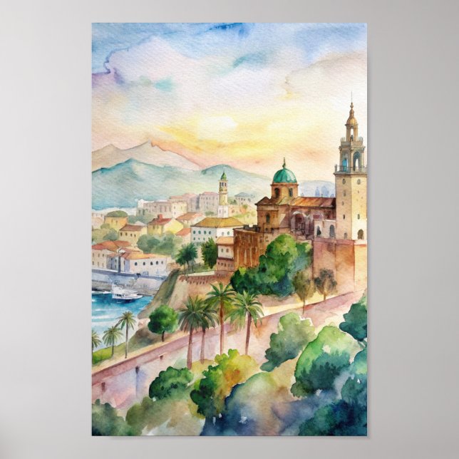 Malaga Spanien Cityscape Watercolor Painting Poster (Framsidan)