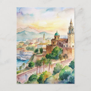 Malaga Spanien Cityscape Watercolor Painting Vykort