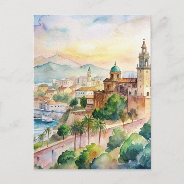 Malaga Spanien Cityscape Watercolor Painting Vykort (Framsida)