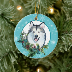 Malamute Evergreen Blue Snowflake Gräns Julgransprydnad Keramik