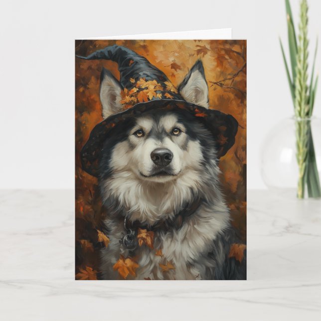 Malamute Häxa Halloween Helgkort (Framsida)