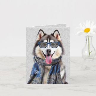 Malamute Hund med Blå Grå Mönster Monogram Kort