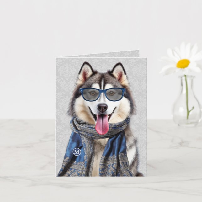 Malamute Hund med Blå Grå Mönster Monogram Kort (Liten växt)