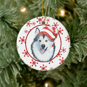 Malamute Santa Hat Snowflake Ceramic Ornamic Julgransprydnad Keramik