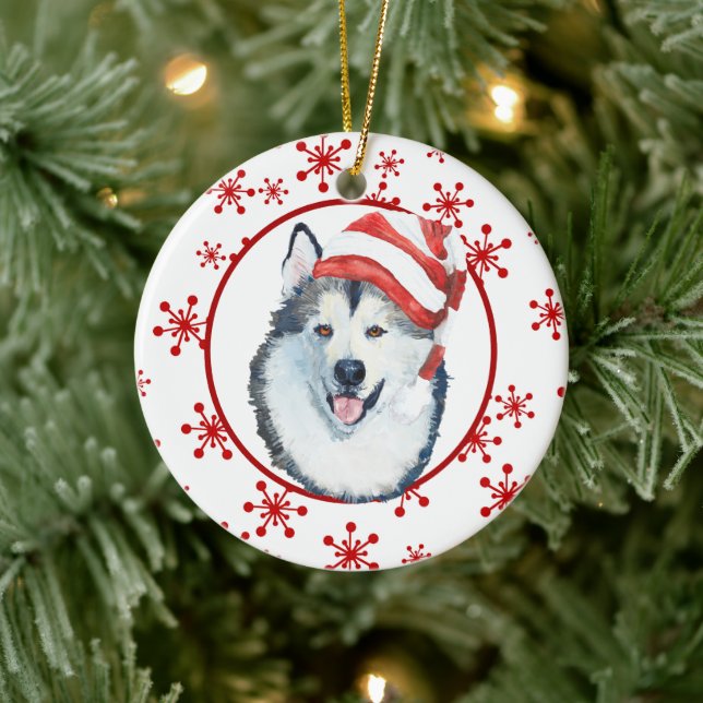 Malamute Santa Hat Snowflake Ceramic Ornamic Julgransprydnad Keramik (Träd)