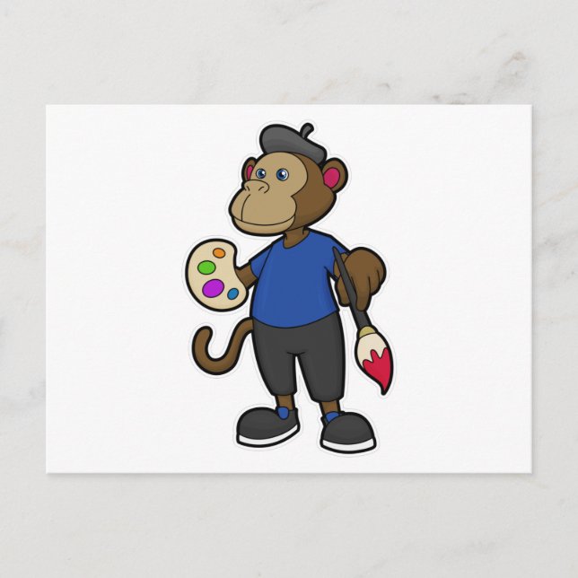 Målande apa med färg och pensel vykort (Framsida)