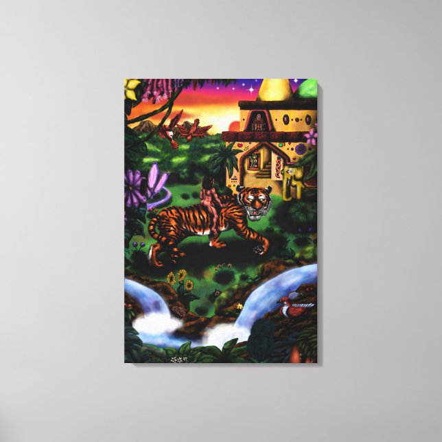målande konstman som kör tigerdjungeltempel canvastryck (Framsida)
