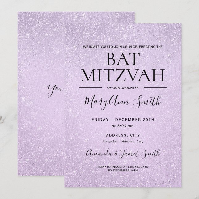 Målar purpurfärgat bat mitzvah Fauxglitter för Inbjudningar (Fram/baksida)