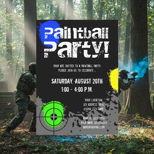 Målarballsfestinbjudningar | Anpassade inbjudninga Inbjudningar (paintball party invitations)