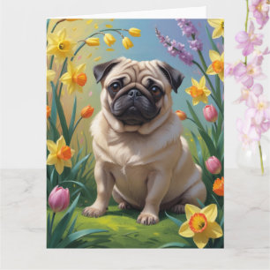 Målarbild av pug hund och vårblommor kort