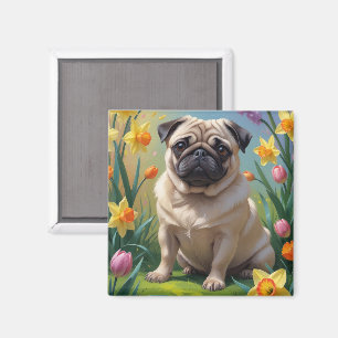 Målarbild av pug hund och vårblommor magnet