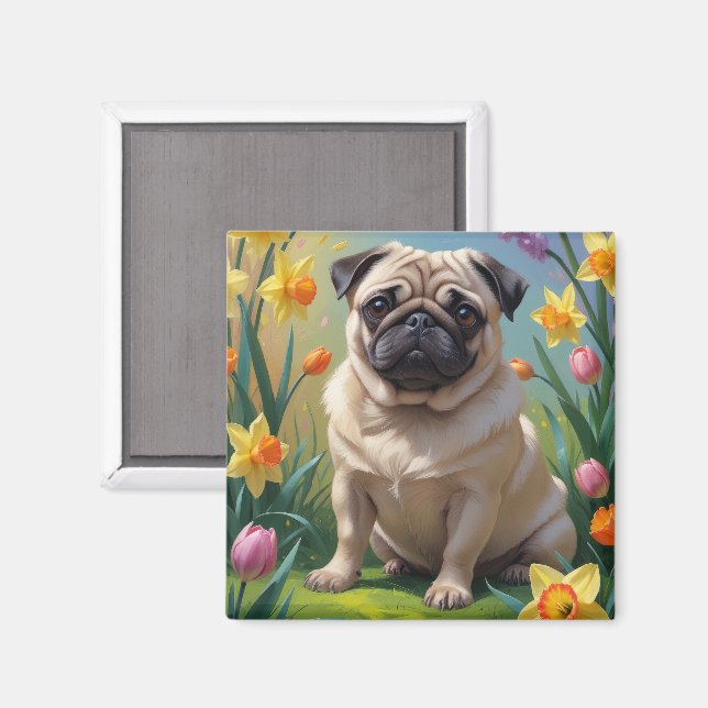 Målarbild av pug hund och vårblommor magnet (Front/Back)