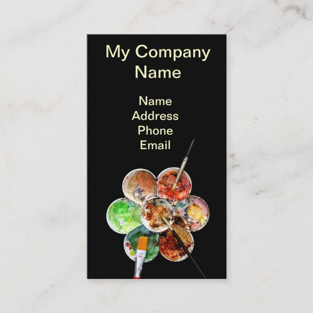 Målare palett med ljusa färger och borstar visitkort (Framsida)