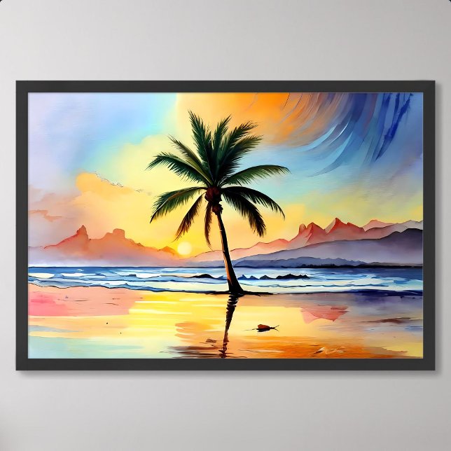 Målarfärg handflatan Träd Gnid persikofärgad vid s Poster (Palm Tree Painting Gracing the Beach at Sunset)